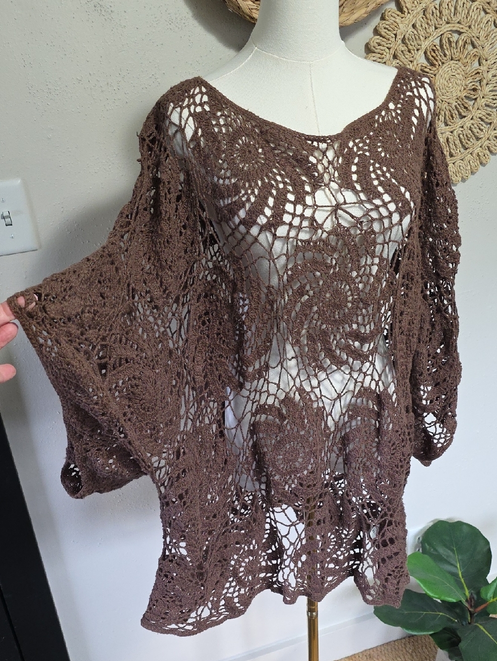 Denim 24/7 Brown Crochet Poncho Sweater Dress Shirt Women 2X Festival Oversized